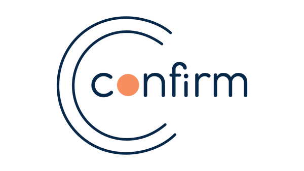 Logo of the 'confirm' brand with a stylized circle and orange dot on a white background