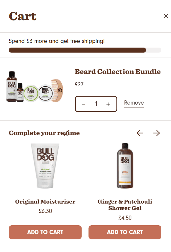 Beard care product bundle with Bulldog brand on a shopping cart page.