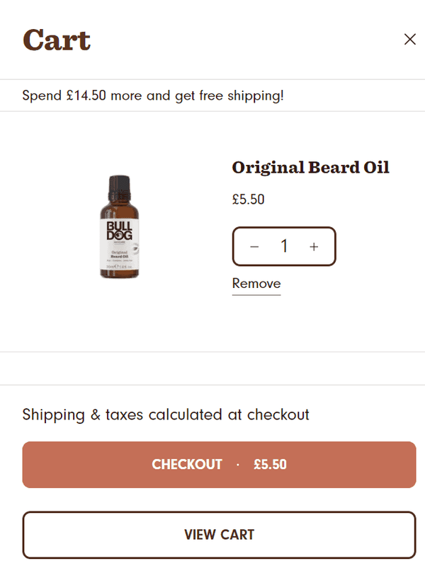 Cart page with 'Original Beard Oil' for £5.50 on a white background