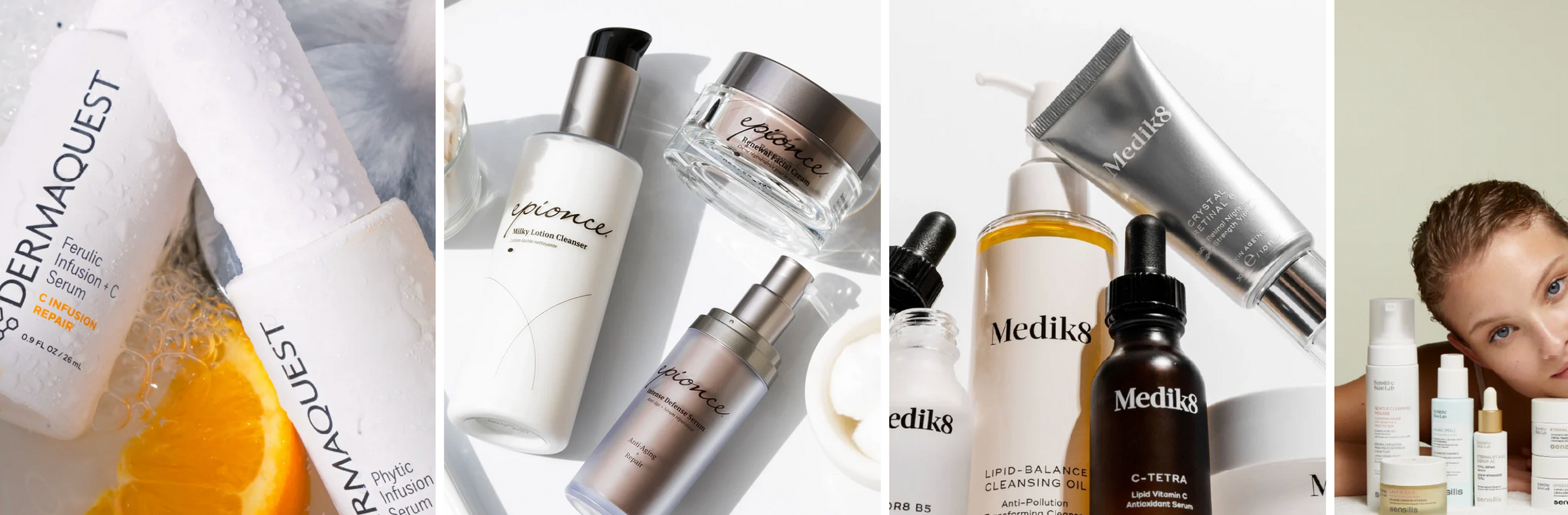 Collage of various skincare products with visible brand names on a white background.