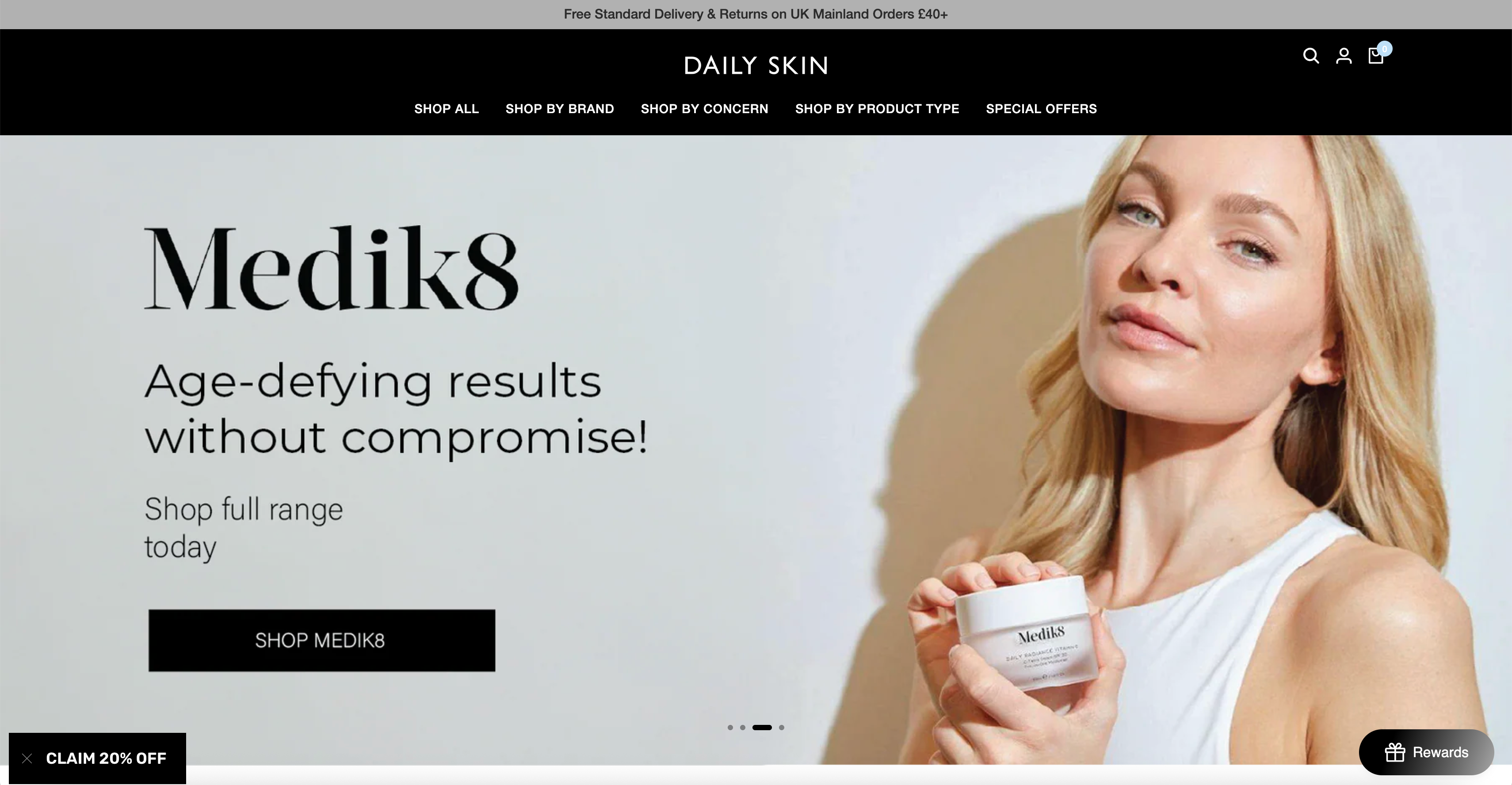 Medik8 skincare product with a model holding a jar on a website homepage