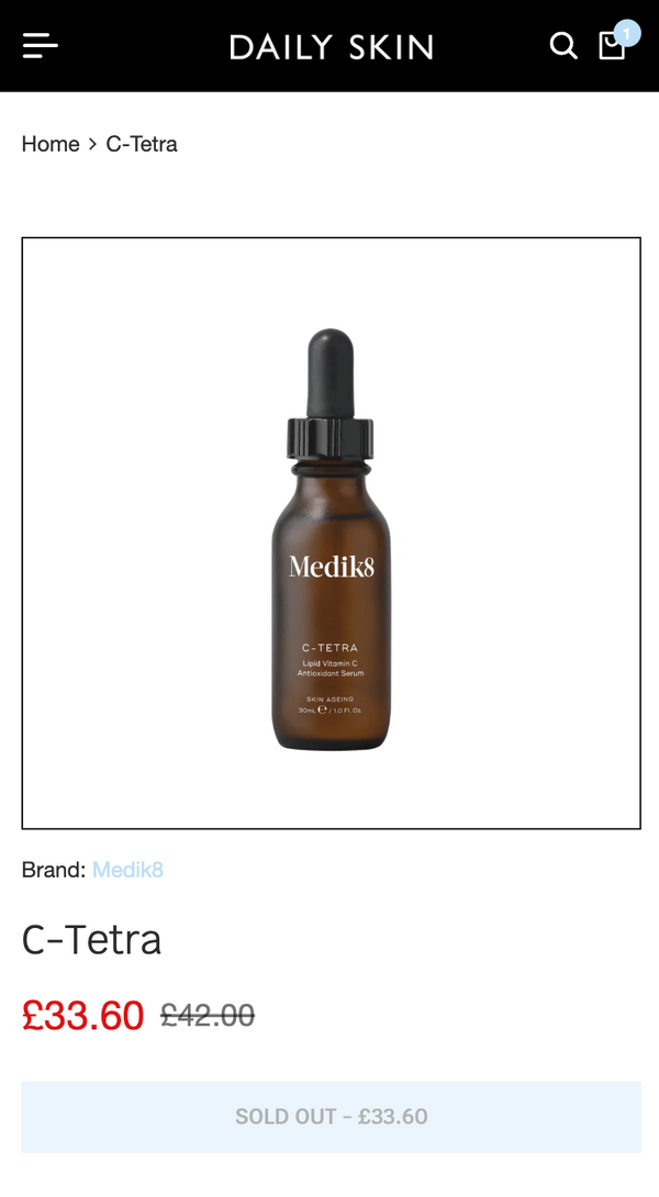 Medik8 C-Tetra skincare bottle on a Daily Skin platform with price and availability information.