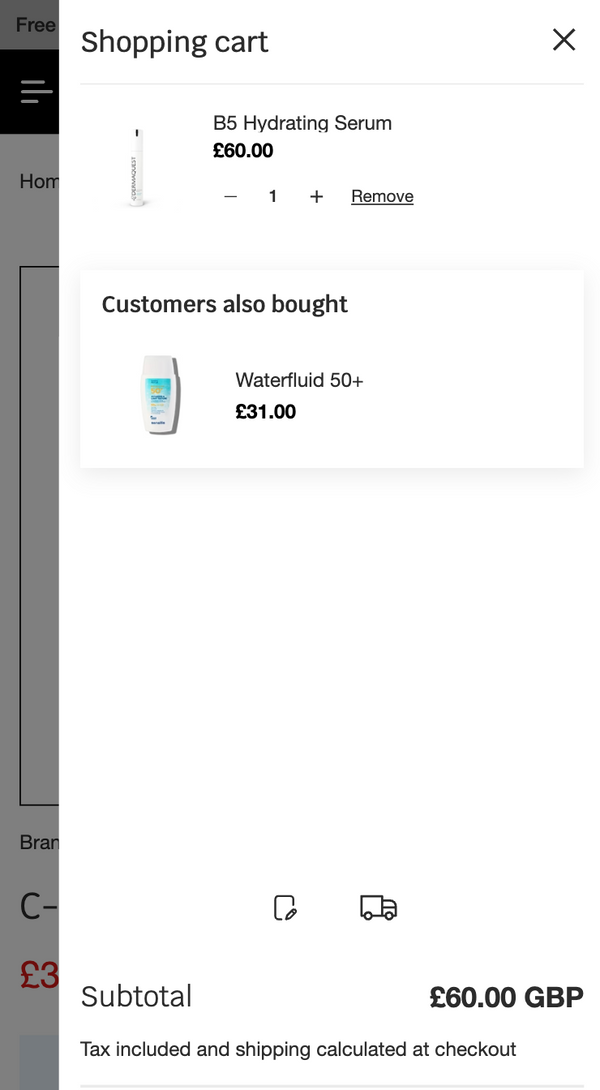 Online shopping cart with BS Hydrating Serum and Waterfluid 50+ products on a white background.