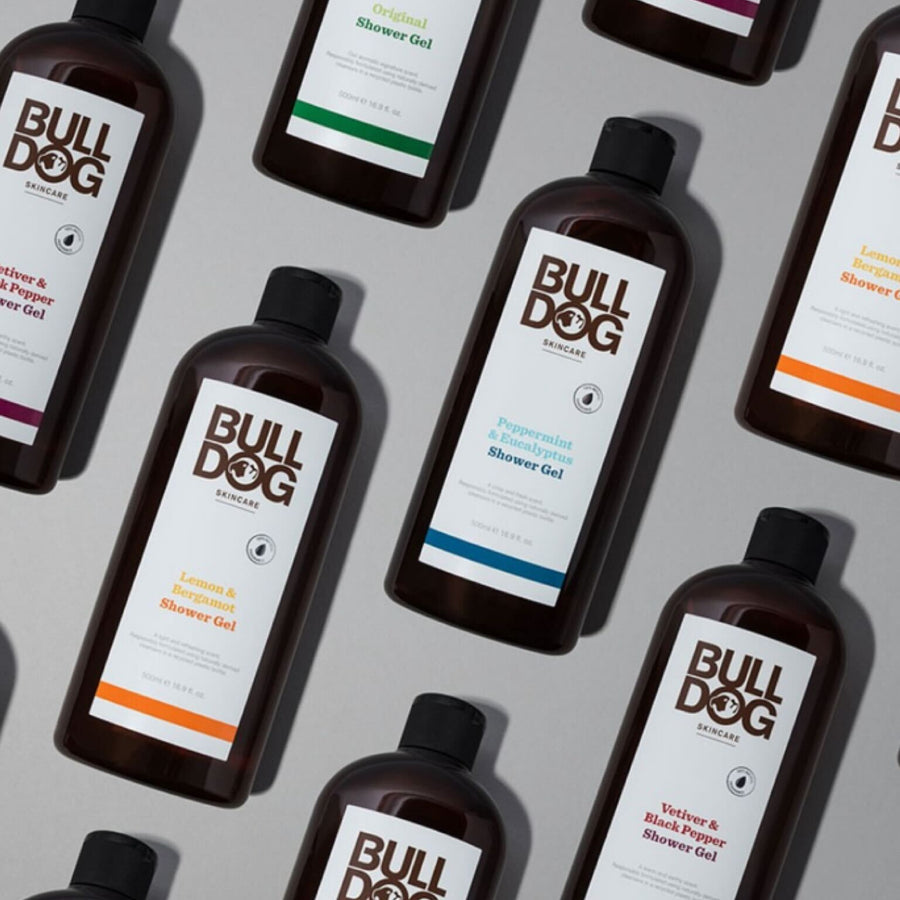 Bottle of Bulldog shower gel on a gray background