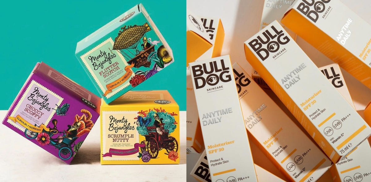 Collage of monty bojangles truffles; Choccy Scoffy, Flutter Scotch and Scrumple nutty, along side Bulldog Skincare Anytime Daily SPF Moisturiser