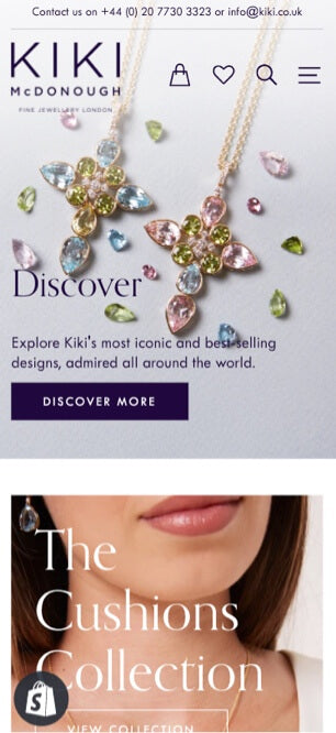 Kiki McDonough jewelry website with necklace and gemstones on a white background