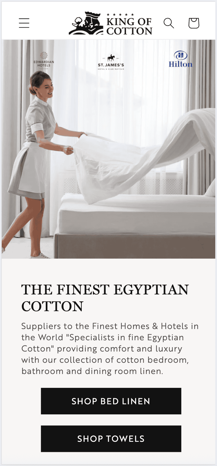 Mobile site for King of Cotton featuring a maid in a white uniform making a bed.