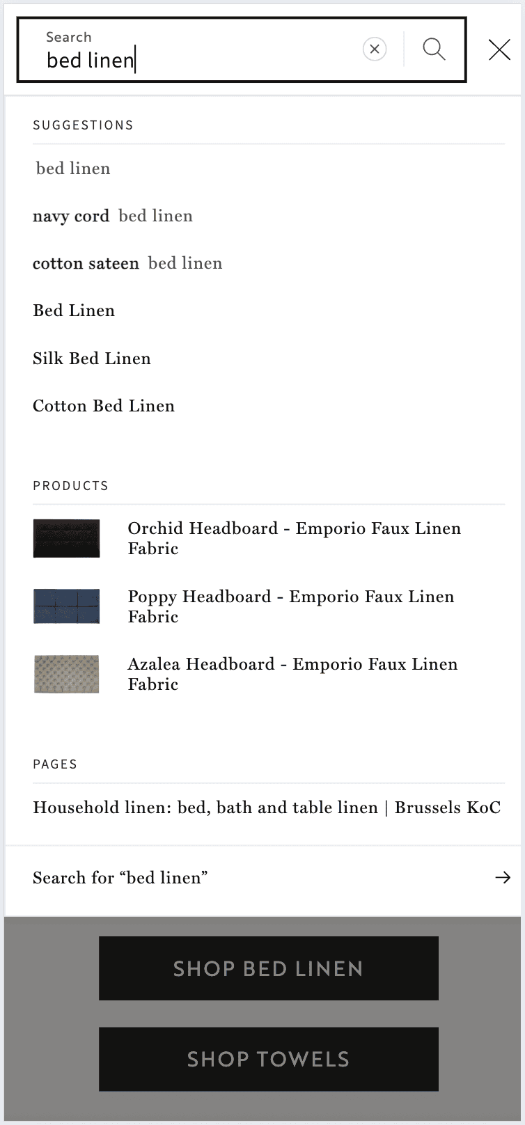 Product search interface for bed linen with suggestions and product listings.