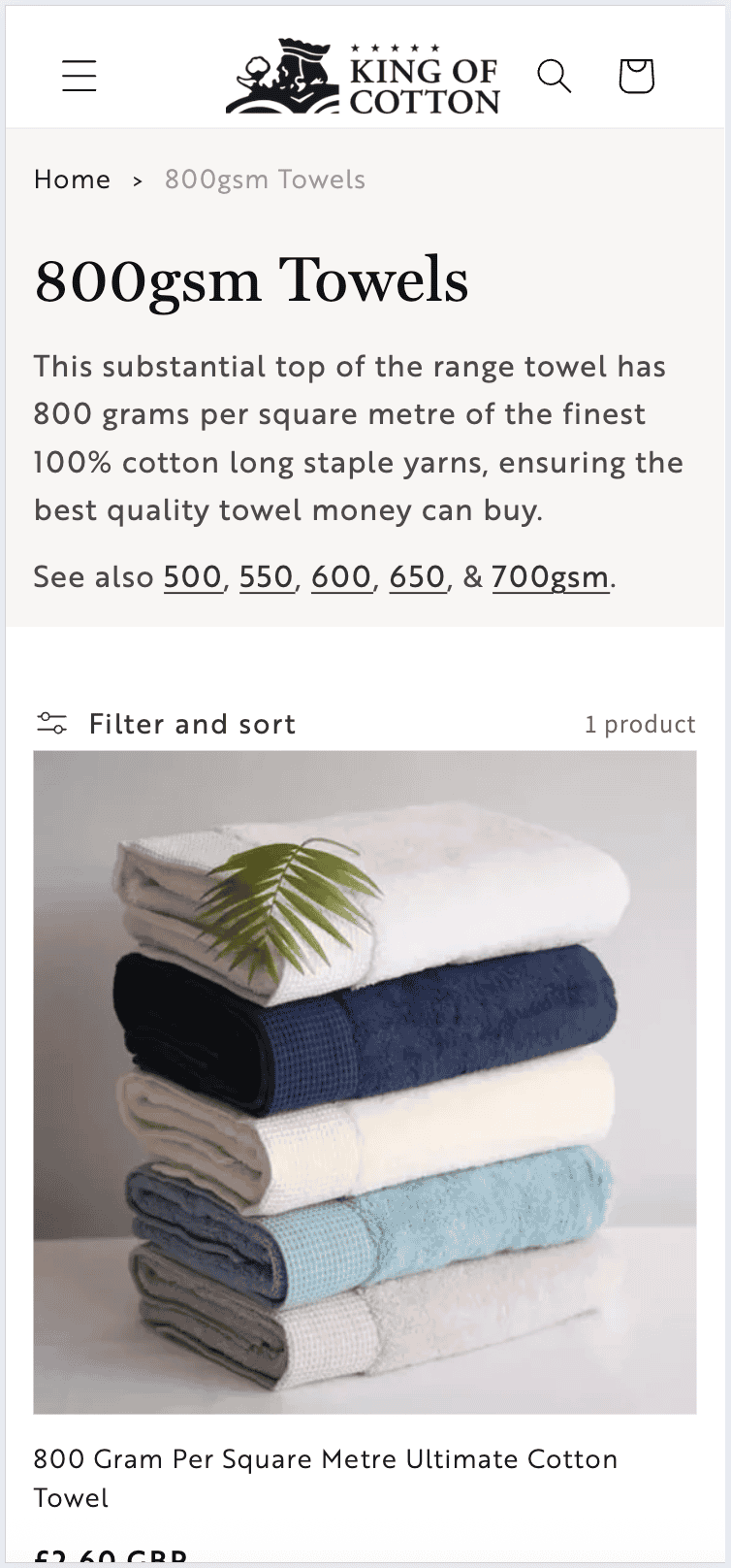 King of Cotton 800gsm towels mobile page with towels displayed and text about quality.