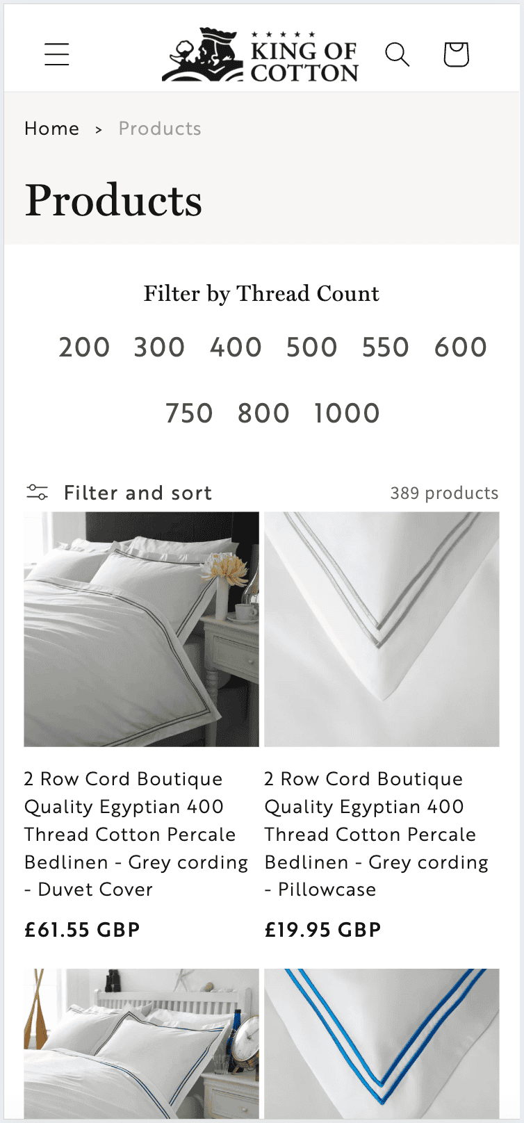 King of Cotton mobile product page with filter options for thread count on a white background