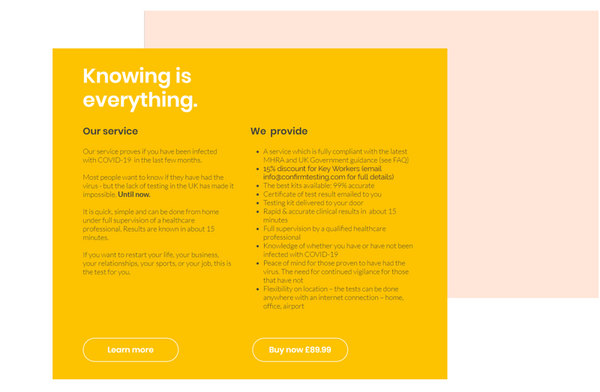 Yellow service flyer from Confirm Testing for Covid-19 services with text on a pink and yellow background