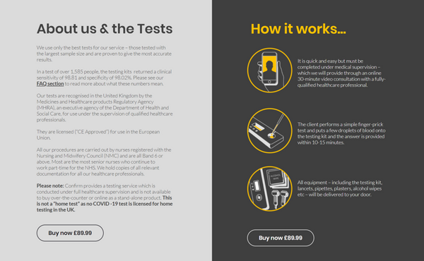 Website page with text and icons about Confirm Testing Covid-19 service, featuring a dark background and yellow text.