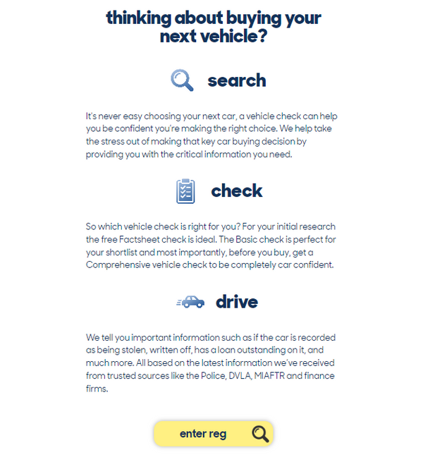 Website page for vehicle check service with text and search icon on a white background