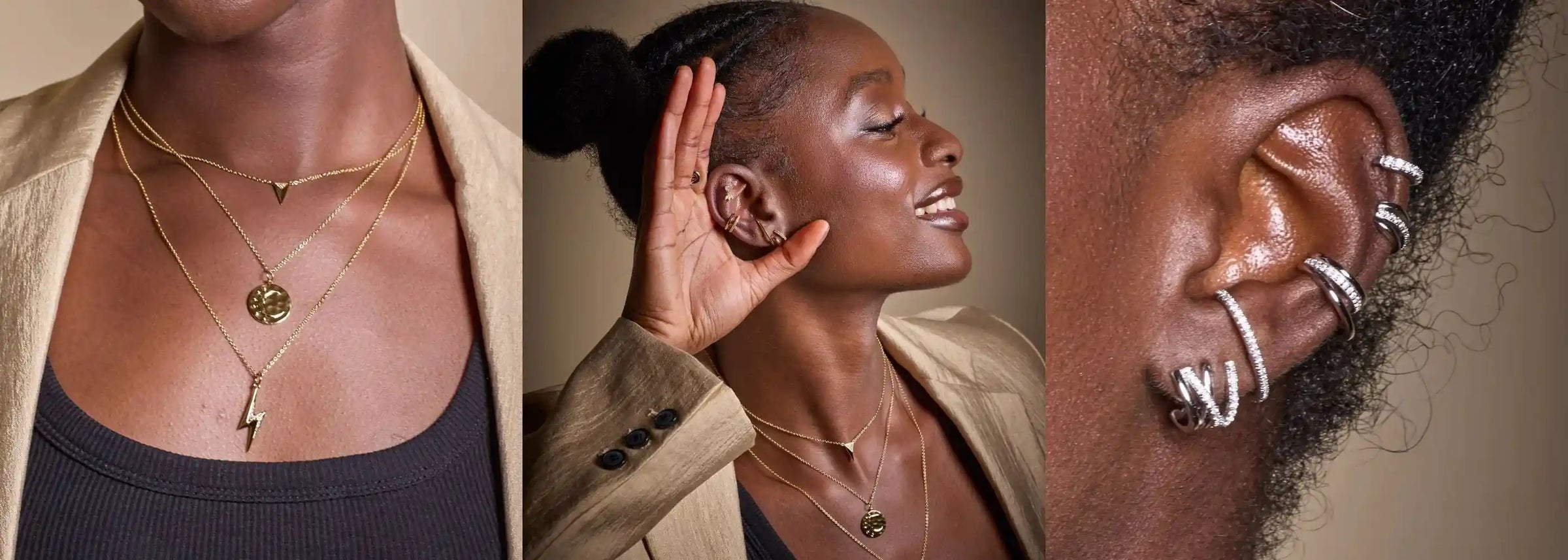 Collage of a woman wearing Scream Pretty gold necklaces and silver earrings.