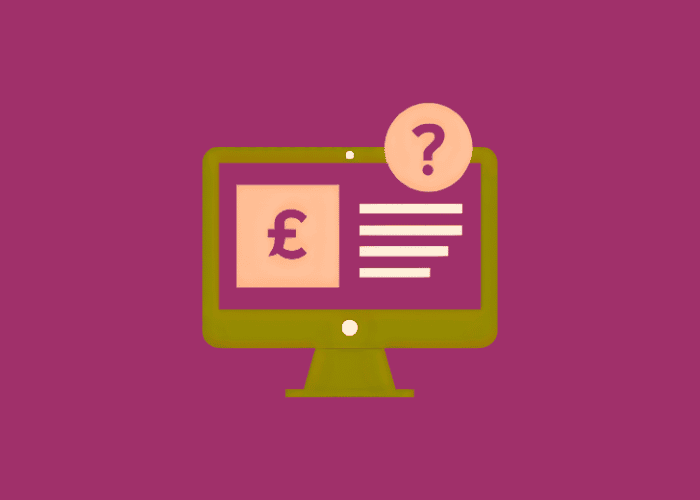 Image of a computer, featuring a GBP symbol and a question mark