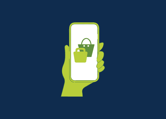 Image of a cartoon hand holding a phone with an ecommerce app opened