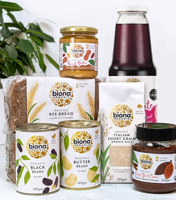 Biona Products stacked one on top of another