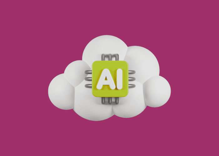 Cloud on purple background, with a green AI symbol on it